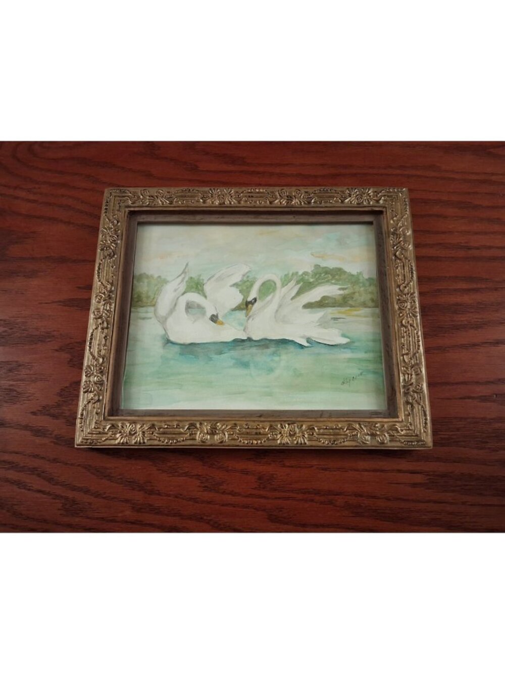 Graceful Swan Couple on Lake Painting Original Water Color Framed Signed Vintage